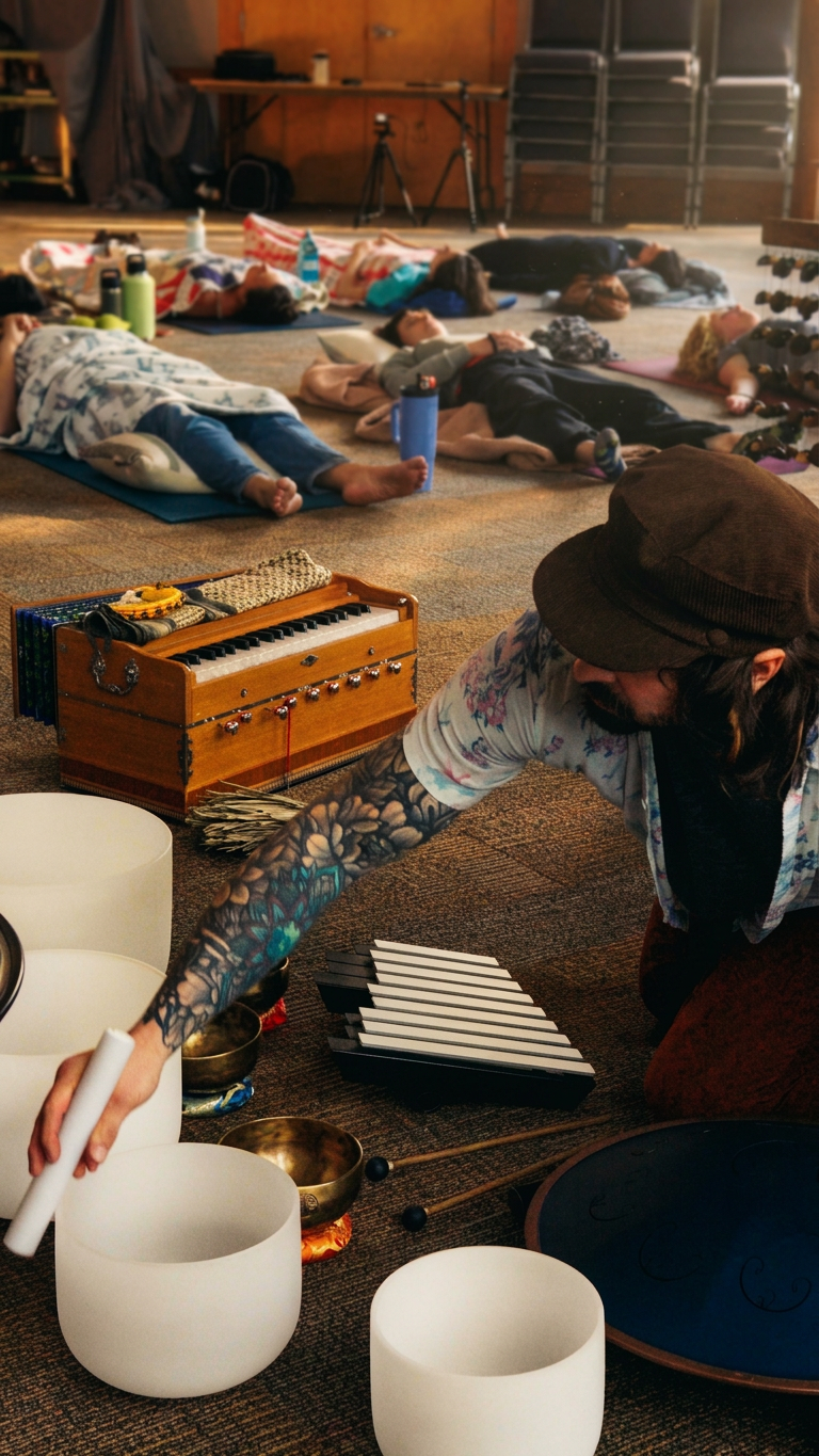 Benny playing crystal singing bowls during a sound journey